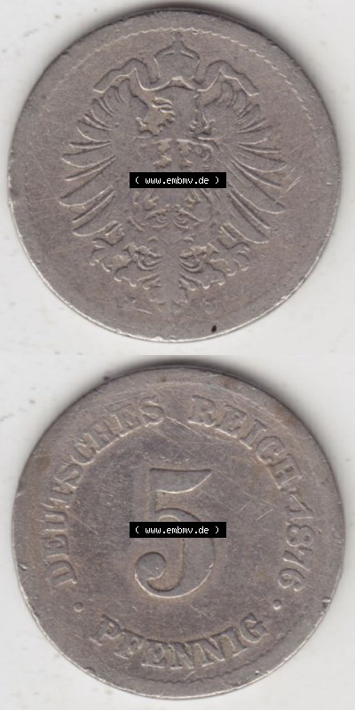 Deutsches Kaiserreich Umlaufmünze 1874-1889, 5 Pfennig J, 1876, Münzen Vollansicht Vertikal zum Download Sammlung