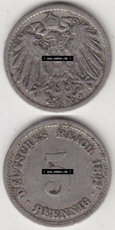 Deutsches Kaiserreich Umlaufmünze 1890-1915, 5 Pfennig D, 1894, Münzen Vollansicht Vertikal zum Download Sammlung