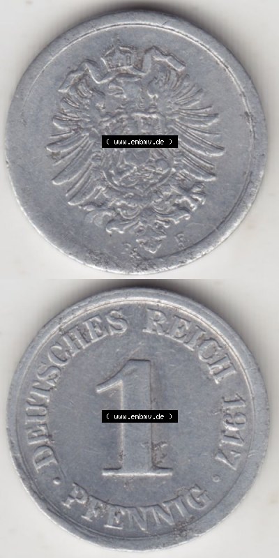 Deutsches Kaiserreich Umlaufmünze 1916-1918, 1 Pfennig F, 1917 V., Münzen Vollansicht Vertikal zum Download Sammlung
