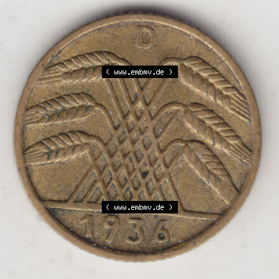 Deutsches Reich Umlaufmünze 1924-1936, 5 Reichspfennig D, 1936, Münzen Rückseite zum Download Sammlung