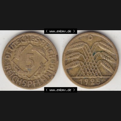 Weimarer Republik Umlaufmünze 1924-1936, 5 Reichspfennig D, 1925, Münzen Vollansicht Horizontal zum Download Sammlung