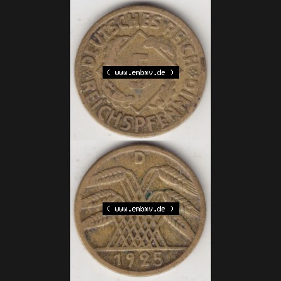 Weimarer Republik Umlaufmünze 1924-1936, 5 Reichspfennig D, 1925, Münzen Vollansicht Vertikal zum Download Sammlung