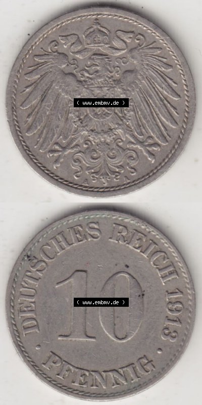 Deutsches Kaiserreich Umlaufmünze 1890-1916, 10 Pfennig A, 1913 II, Münzen Vollansicht Vertikal zum Download Sammlung