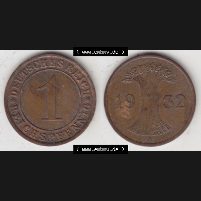 Weimarer Republik Umlaufmünze 1924-1936, 1 Reichspfennig A, 1932, Münzen Vollansicht Horizontal zum Download Sammlung