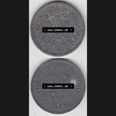 Weimarer Republik Umlaufmünze 1917-1922, 10 Pfennig Reichsadler, Keine Prägestätte 1921 I., Münzen Vollansicht Vertikal zum Download Sammlung