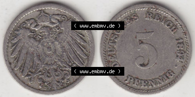 Deutsches Kaiserreich Umlaufmünze 1890-1915, 5 Pfennig D, 1894, Münzen Vollansicht Horizontal zum Download Sammlung