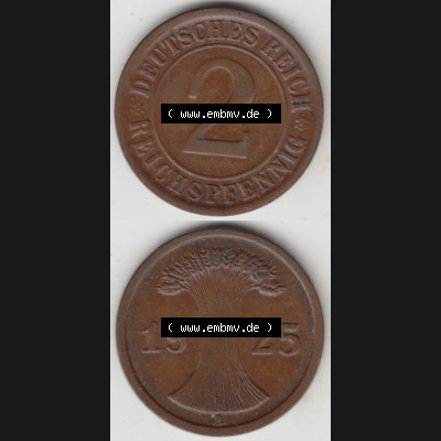 Weimarer Republik Umlaufmünze 1924-1936, 2 Reichspfennig A, 1925, Münzen Vollansicht Vertikal zum Download Sammlung