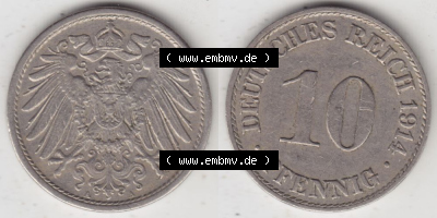 Deutsches Kaiserreich Umlaufmünze 1890-1916, 10 Pfennig A, 1914, Münzen Vollansicht Horizontal zum Download Sammlung
