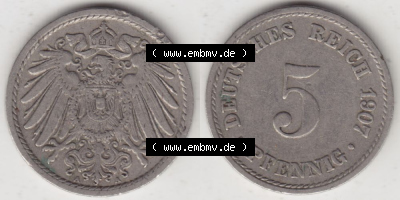 Deutsches Kaiserreich Umlaufmünze 1890-1915, 5 Pfennig A, 1907 I., Münzen Vollansicht Horizontal zum Download Sammlung