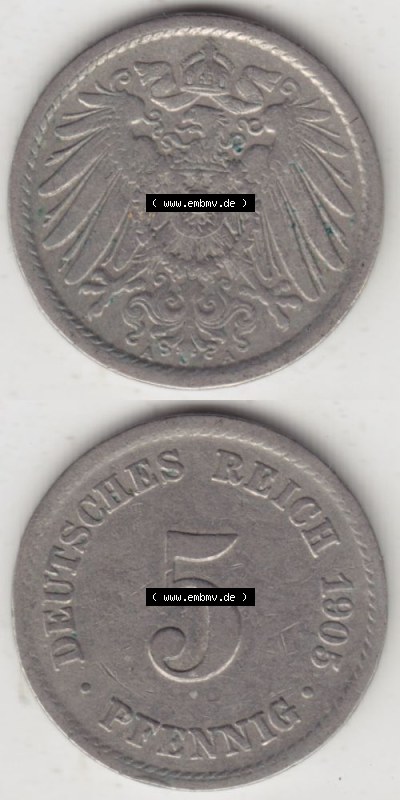 Deutsches Kaiserreich Umlaufmünze 1890-1915, 5 Pfennig A, 1905, Münzen Vollansicht Vertikal zum Download Sammlung