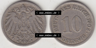 Deutsches Kaiserreich Umlaufmünze 1890-1916, 10 Pfennig A, 1902, Münzen Vollansicht Horizontal zum Download Sammlung