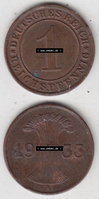 Deutsches Reich Umlaufmünze 1924-1936, 1 Reichspfennig A, 1933 I, Münzen Vollansicht Vertikal zum Download für Mobile-Geräte Sammlung