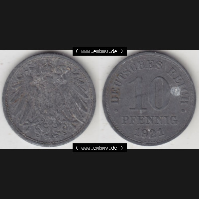 Weimarer Republik Umlaufmünze 1917-1922, 10 Pfennig Reichsadler, Keine Prägestätte 1921 I., Münzen Vollansicht Horizontal zum Download Sammlung