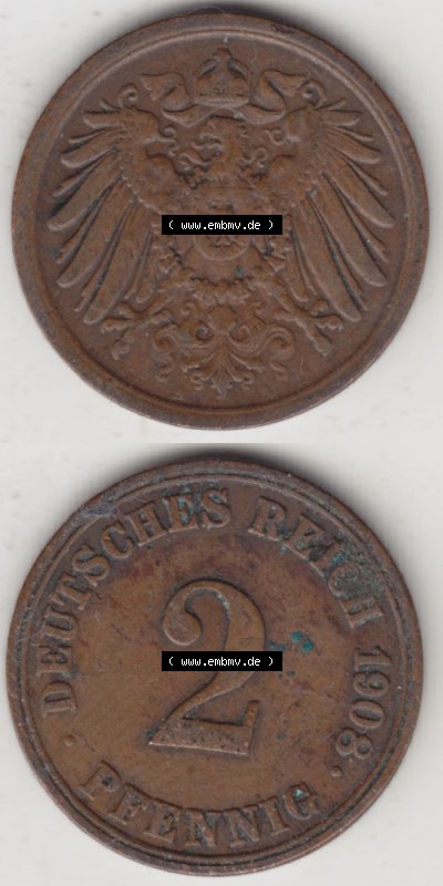 Deutsches Kaiserreich Umlaufmünze 1904-1916, 2 Pfennig A, 1908 II, Münzen Vollansicht Vertikal zum Download Sammlung