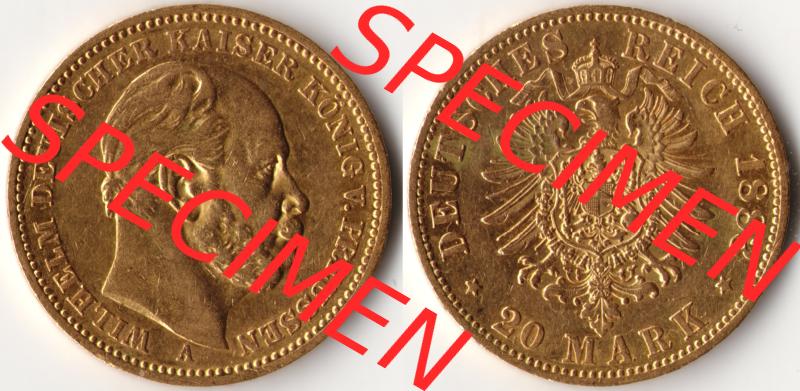 Goldmünze Kaiserreich 1874-1888, 20 Mark Wilhelm I., Münzen Vollansicht Horizontal zum Download Sammlung