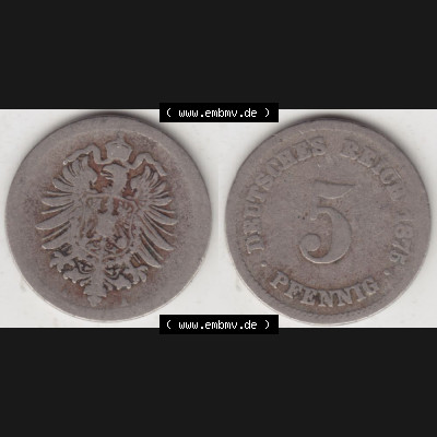 Deutsches Kaiserreich Umlaufmünze 1874-1889, 5 Pfennig A, 1875, Münzen Vollansicht Horizontal zum Download Sammlung