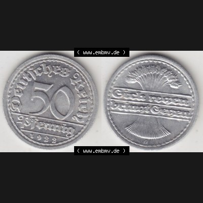 Weimarer Republik Umlaufmünze 1919-1922, 50 Pfennig G, 1922 Sich Regen Bringt Segen, Münzen Vollansicht Horizontal zum Download Sammlung