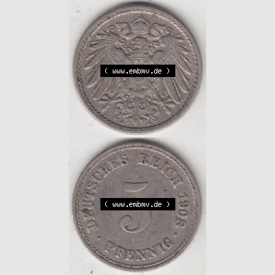 Deutsches Kaiserreich Umlaufmünze 1890-1915, 5 Pfennig A, 1908 I., Münzen Vollansicht Vertikal zum Download Sammlung