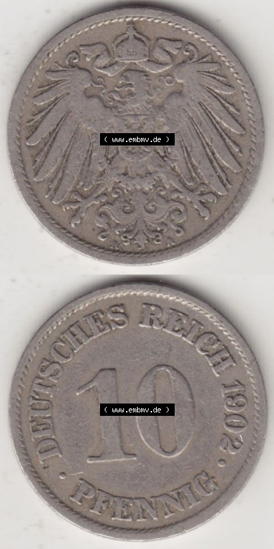 Deutsches Kaiserreich Umlaufmünze 1890-1916, 10 Pfennig A, 1902, Münzen Vollansicht Vertikal zum Download Sammlung