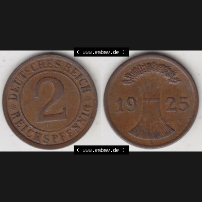 Weimarer Republik Umlaufmünze 1923-1936, 2 Reichspfennig E, 1925, Münzen Vollansicht Horizontal zum Download Sammlung