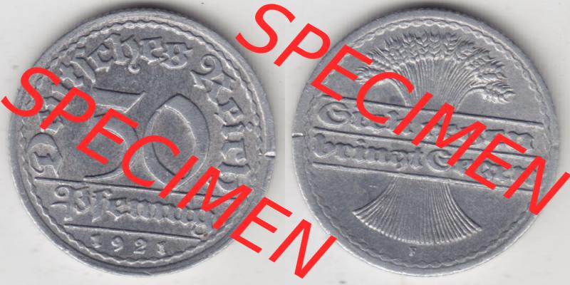 Weimarer Republik Umlaufmünze 1919-1922, 50 Pfennig F, 1921, Münzen Vollansicht Horizontal zum Download Sammlung
