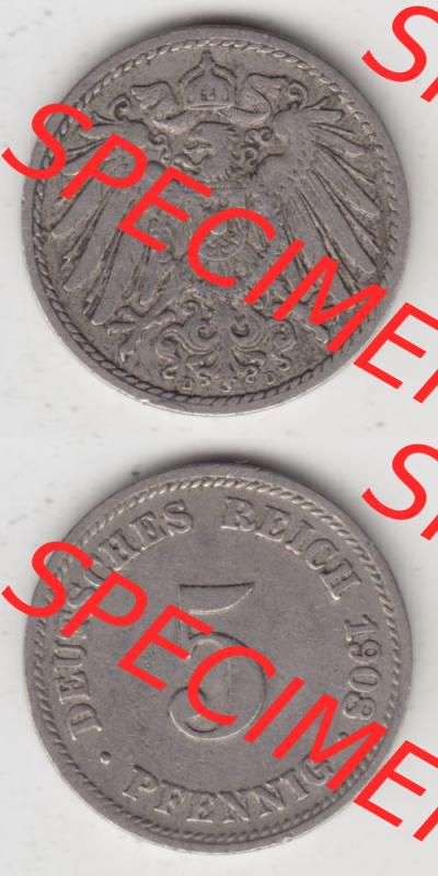 Deutsches Kaiserreich Umlaufmünze 1890-1915, 5 Pfennig D, 1908, Münzen Vollansicht Vertikal zum Download Sammlung