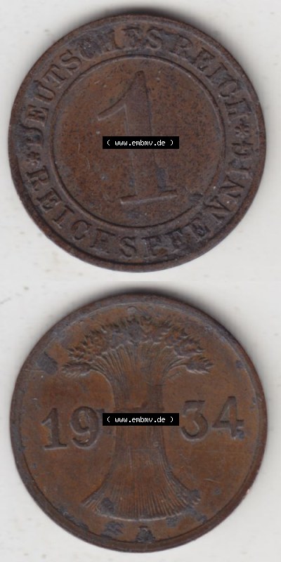 Deutsches Reich Umlaufmünze 1924-1936, 1 Reichspfennig E, 1934, Münzen Vollansicht Vertikal zum Download für Mobile-Geräte Sammlung