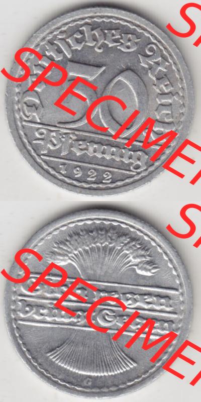 Weimarer Republik Umlaufmünze 1919-1922, 50 Pfennig G, 1922 Sich Regen Bringt Segen, Münzen Vollansicht Vertikal zum Download für Mobile-Geräte Sammlung