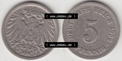 Deutsches Kaiserreich Umlaufmünze 1890-1915, 5 Pfennig A, 1906, Münzen Vollansicht Horizontal zum Download Sammlung