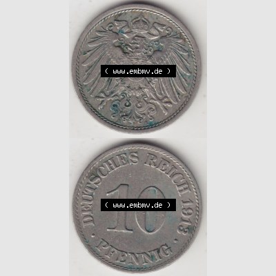 Deutsches Kaiserreich Umlaufmünze 1890-1916, 10 Pfennig A, 1913 I., Münzen Vollansicht Vertikal zum Download Sammlung