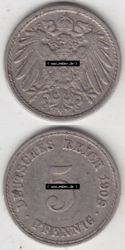 Deutsches Kaiserreich Umlaufmünze 1890-1915, 5 Pfennig A, 1908 I., Münzen Vollansicht Vertikal zum Download Sammlung