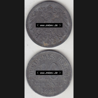 Weimarer Republik Umlaufmünze 1917-1922, 10 Pfennig Reichsadler, Keine Prägestätte 1921 II, Münzen Vollansicht Vertikal zum Download Sammlung