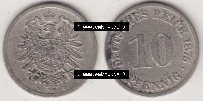 Deutsches Kaiserreich Umlaufmünze 1873-1889, 10 Pfennig D, 1875, Münzen Vollansicht Horizontal zum Download Sammlung