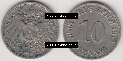 Deutsches Kaiserreich Umlaufmünze 1890-1916, 10 Pfennig A, 1913 I., Münzen Vollansicht Horizontal zum Download Sammlung