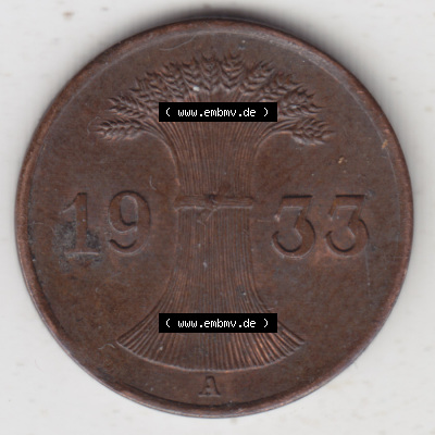 Deutsches Reich Umlaufmünze 1924-1936, 1 Reichspfennig A, 1933 I, Münzen Rückseite zum Download Sammlung