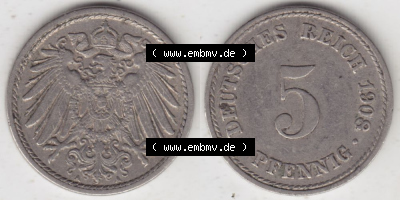 Deutsches Kaiserreich Umlaufmünze 1890-1915, 5 Pfennig A, 1908 I., Münzen Vollansicht Horizontal zum Download Sammlung