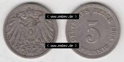 Deutsches Kaiserreich Umlaufmünze 1890-1915, 5 Pfennig D, 1908, Münzen Vollansicht Horizontal zum Download Sammlung