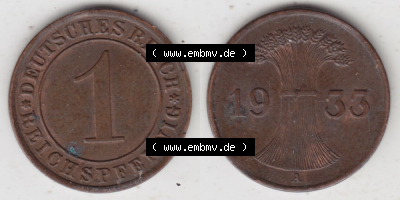 Deutsches Reich Umlaufmünze 1924-1936, 1 Reichspfennig A, 1933 I, Münzen Vollansicht Horizontal zum Download Sammlung
