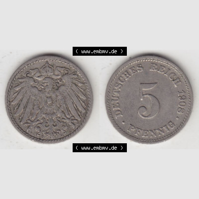Deutsches Kaiserreich Umlaufmünze 1890-1915, 5 Pfennig D, 1908, Münzen Vollansicht Horizontal zum Download Sammlung