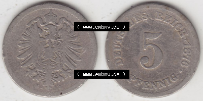 Deutsches Kaiserreich Umlaufmünze 1874-1889, 5 Pfennig J, 1876, Münzen Vollansicht Horizontal zum Download Sammlung