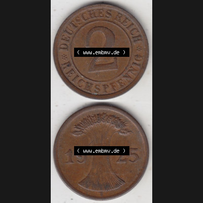 Weimarer Republik Umlaufmünze 1923-1936, 2 Reichspfennig E, 1925, Münzen Vollansicht Vertikal zum Download Sammlung