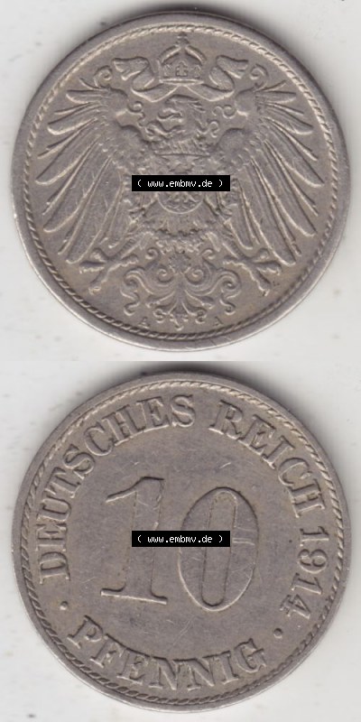 Deutsches Kaiserreich Umlaufmünze 1890-1916, 10 Pfennig A, 1914, Münzen Vollansicht Vertikal zum Download Sammlung