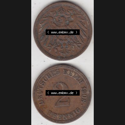 Deutsches Kaiserreich Umlaufmünze 1904-1916, 2 Pfennig A, 1908 I., Münzen Vollansicht Vertikal zum Download Sammlung
