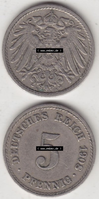 Deutsches Kaiserreich Umlaufmünze 1890-1915, 5 Pfennig A, 1908 II, Münzen Vollansicht Vertikal zum Download Sammlung