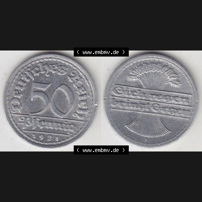 Weimarer Republik Umlaufmünze 1919-1922, 50 Pfennig F, 1921, Münzen Vollansicht Horizontal zum Download Sammlung