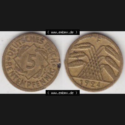 Weimarer Republik Umlaufmünze 1924-1936, 5 Reichspfennig F, 1924 I, Münzen Vollansicht Horizontal zum Download Sammlung