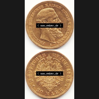 Goldmünze Kaiserreich 1888-1888, 20 Mark Friedrich III., Münzen Vollansicht Vertikal zum Download Sammlung