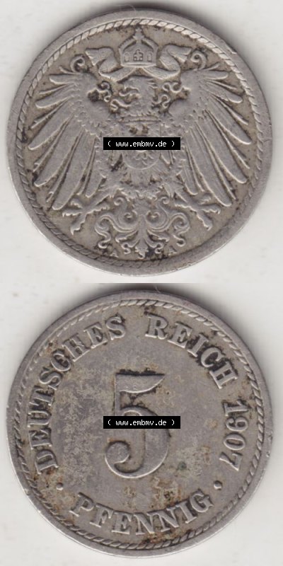 Deutsches Kaiserreich Umlaufmünze 1890-1915, 5 Pfennig A, 1907 II, Münzen Vollansicht Vertikal zum Download Sammlung