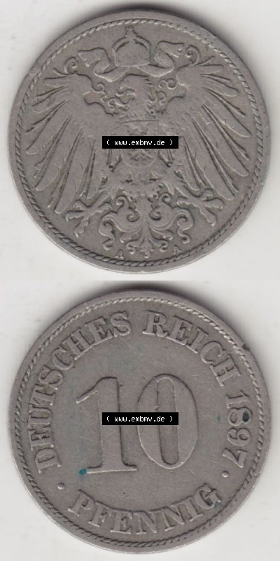 Deutsches Kaiserreich Umlaufmünze 1890-1916, 10 Pfennig A, 1897, Münzen Vollansicht Vertikal zum Download Sammlung