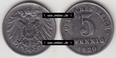Weimarer Republik Umlaufmünze 1915-1922, 5 Pfennig D, 1920, Münzen Vollansicht Horizontal zum Download Sammlung